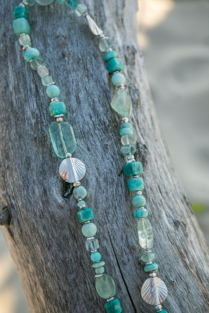 Amazonite, Fluorite and Larimar Necklace with Thai Hill Tribe Silver