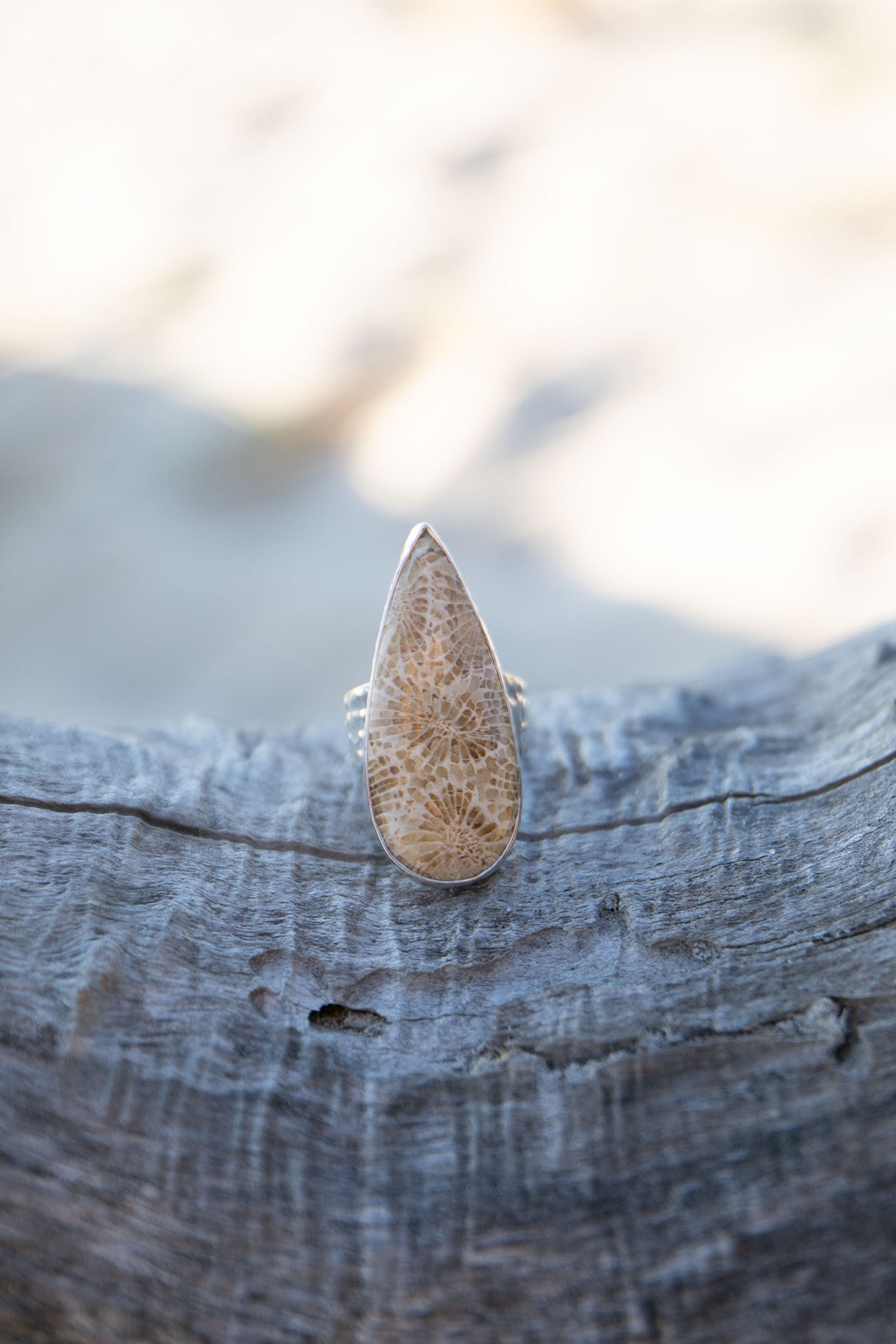 Teardrop Fossil Coral Ring in Beaten Sterling Silver - Adjustable