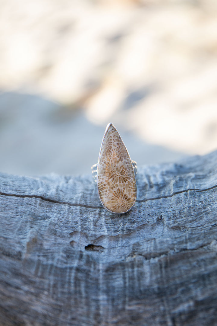 Teardrop Fossil Coral Ring in Beaten Sterling Silver - Adjustable