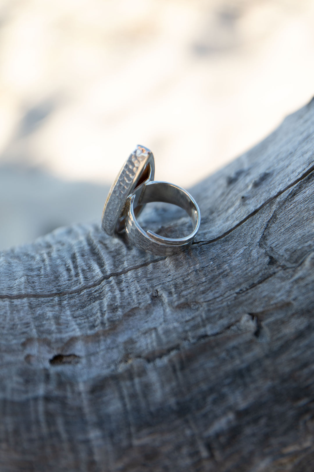 Teardrop Fossil Coral Ring in Beaten Sterling Silver - Adjustable