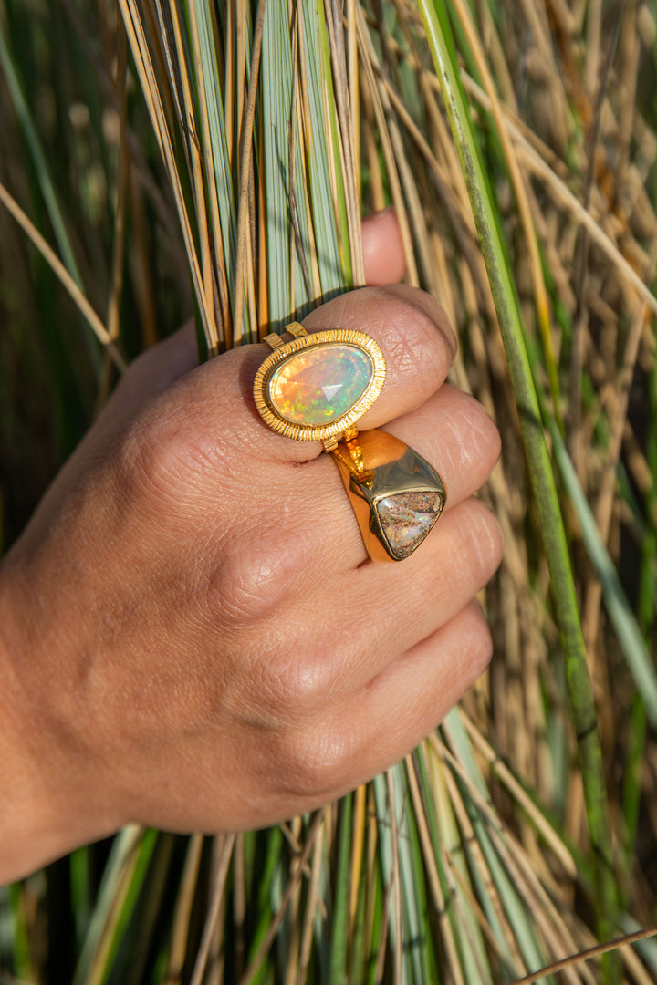 Stunning Ethiopian Opal Ring set in Unique 14k Gold Plated Sterling Silver - Size 9 US