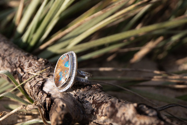 Australian Opal Ring in Unique Sterling Silver Setting - Size  US