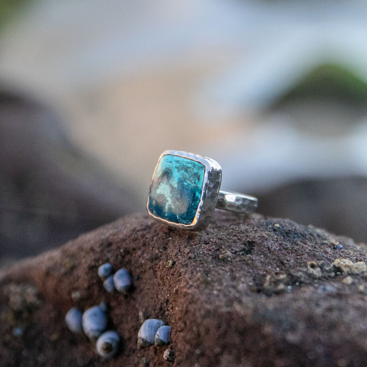 Shattuckite Ring in Beaten Sterling Silver Setting - Size 9 US
