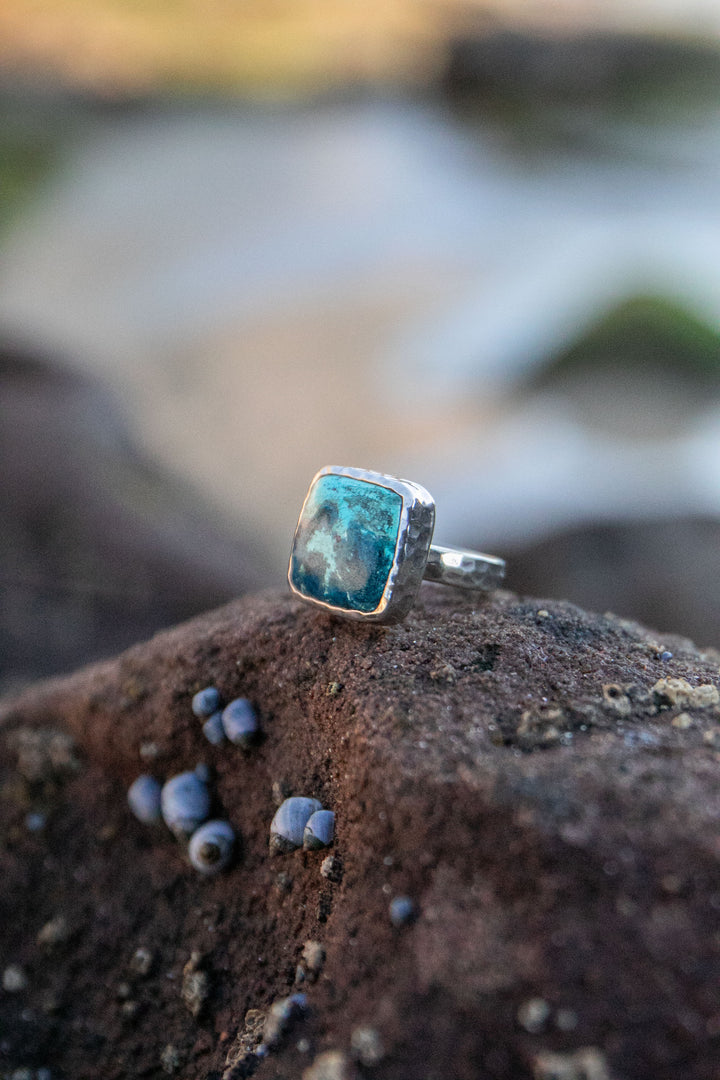 Shattuckite Ring in Beaten Sterling Silver Setting - Size 9 US