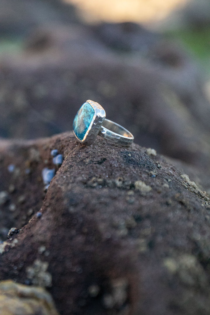 Shattuckite Ring in Beaten Sterling Silver Setting - Size 9 US
