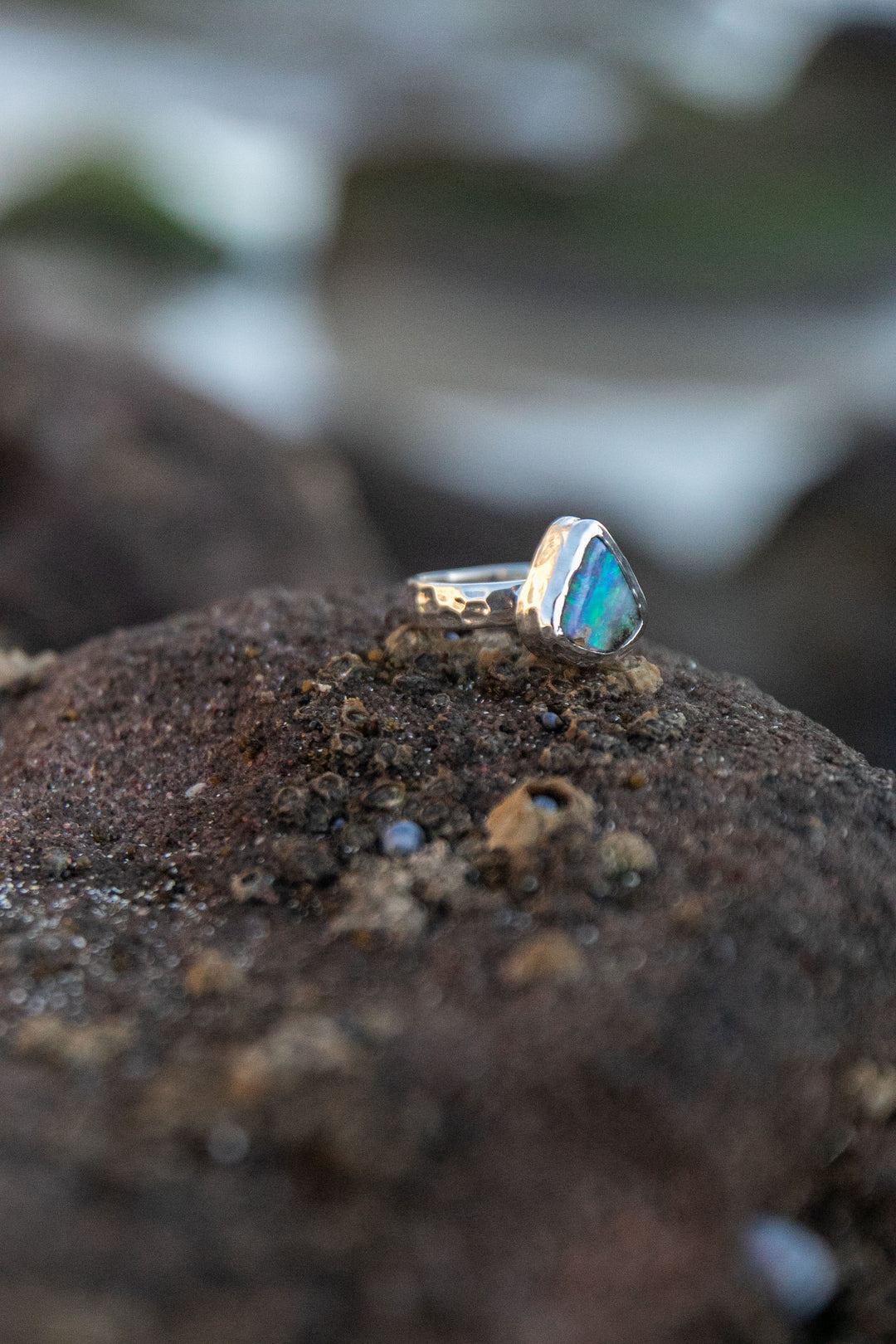 Australian Blue Opal Ring set in Beaten Sterling Silver Band - Size 6 3/4 US