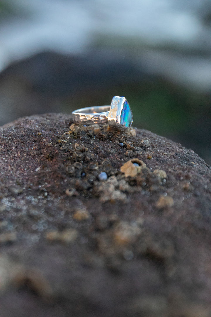 Australian Blue Opal Ring set in Beaten Sterling Silver Band - Size 6 3/4 US