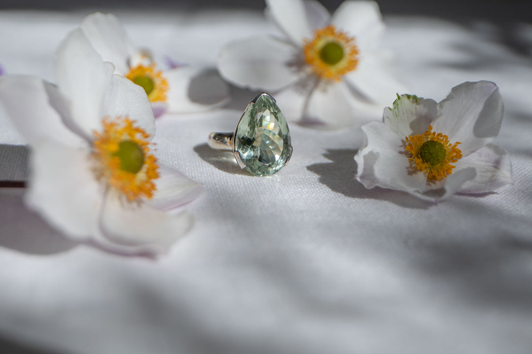 Faceted Green Amethyst Ring in Sterling Silver Setting - Size 8 US