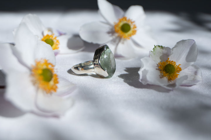 Faceted Green Amethyst Ring in Sterling Silver Setting - Size 8 US