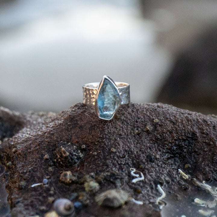 Raw Aquamarine Ring with Beaten Sterling Silver Band - Size 7 US