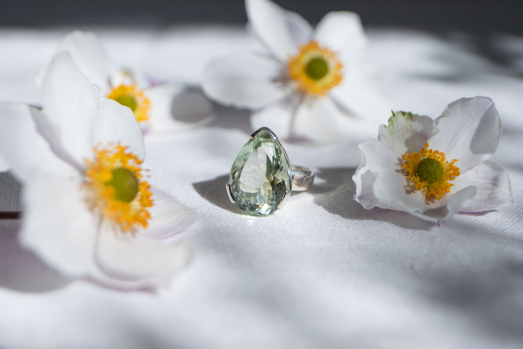 Faceted Green Amethyst Ring in Sterling Silver Setting - Size 8 US