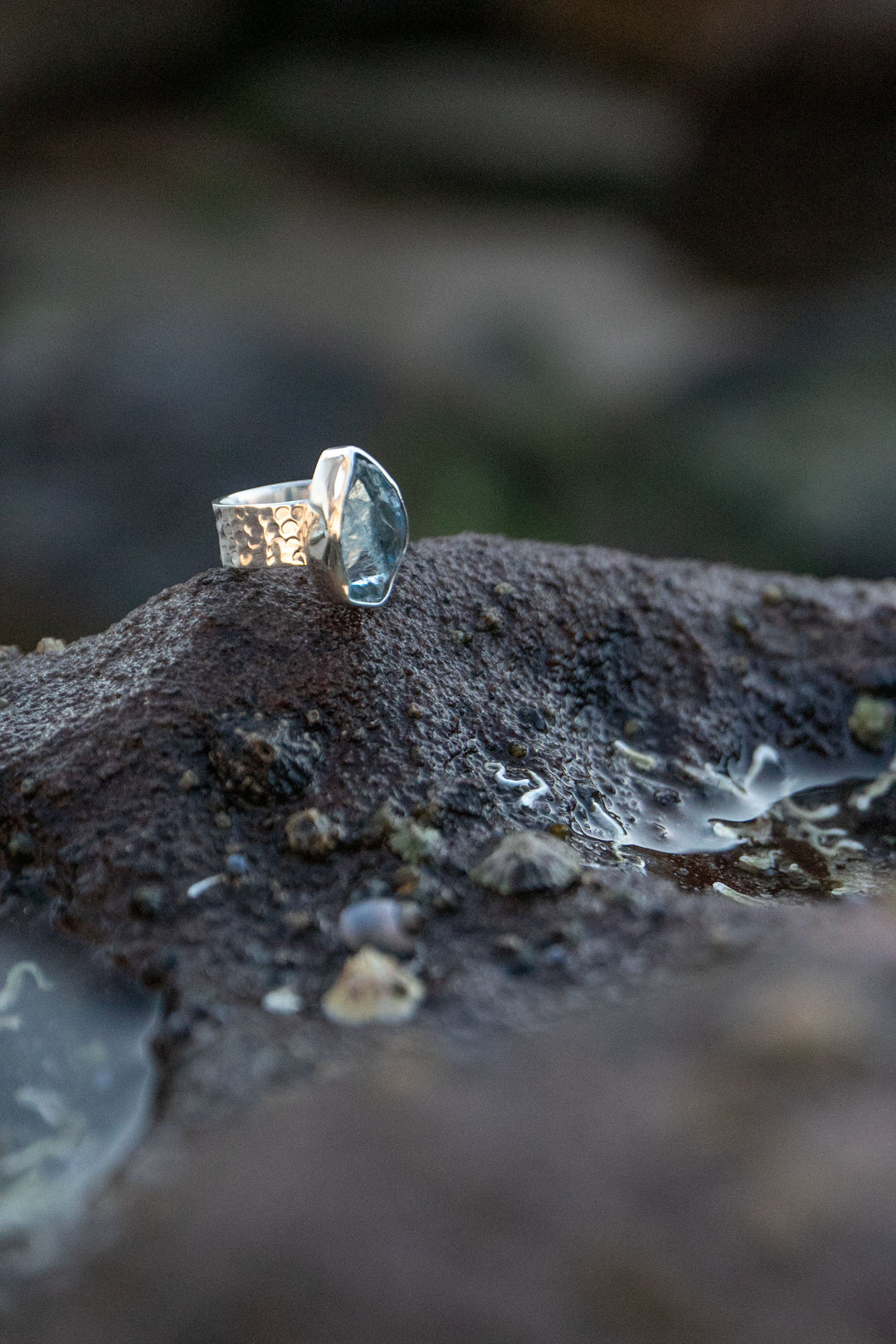 Raw Aquamarine Ring with Beaten Sterling Silver Band - Size 7 US