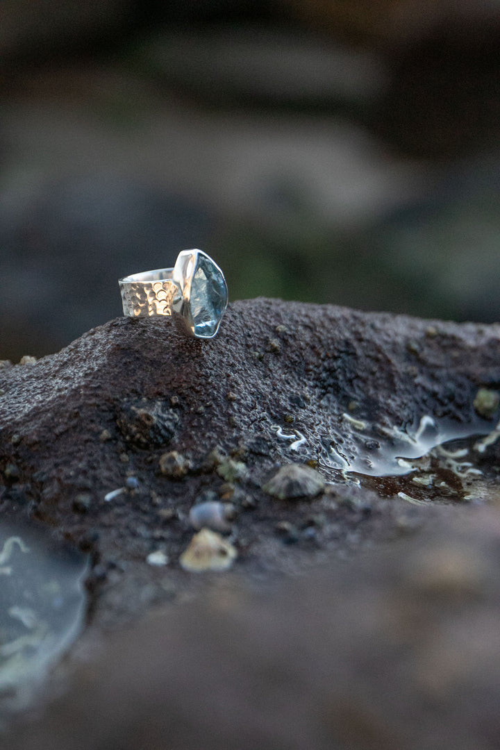 Raw Aquamarine Ring with Beaten Sterling Silver Band - Size 7 US