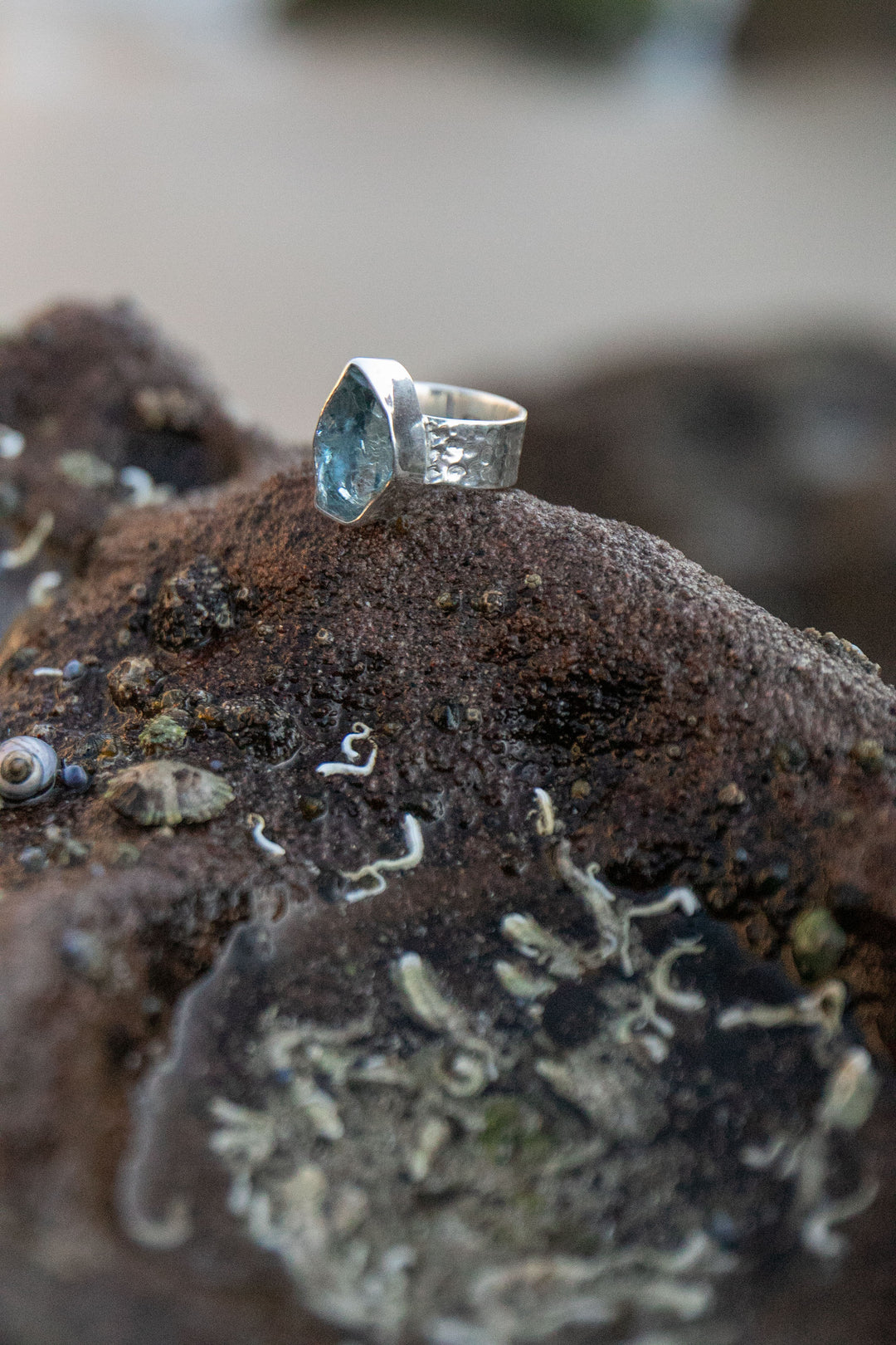 Raw Aquamarine Ring with Beaten Sterling Silver Band - Size 7 US