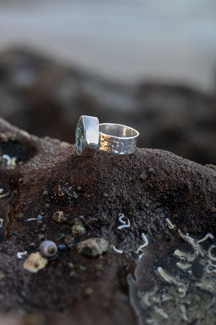 Raw Aquamarine Ring with Beaten Sterling Silver Band - Size 7 US