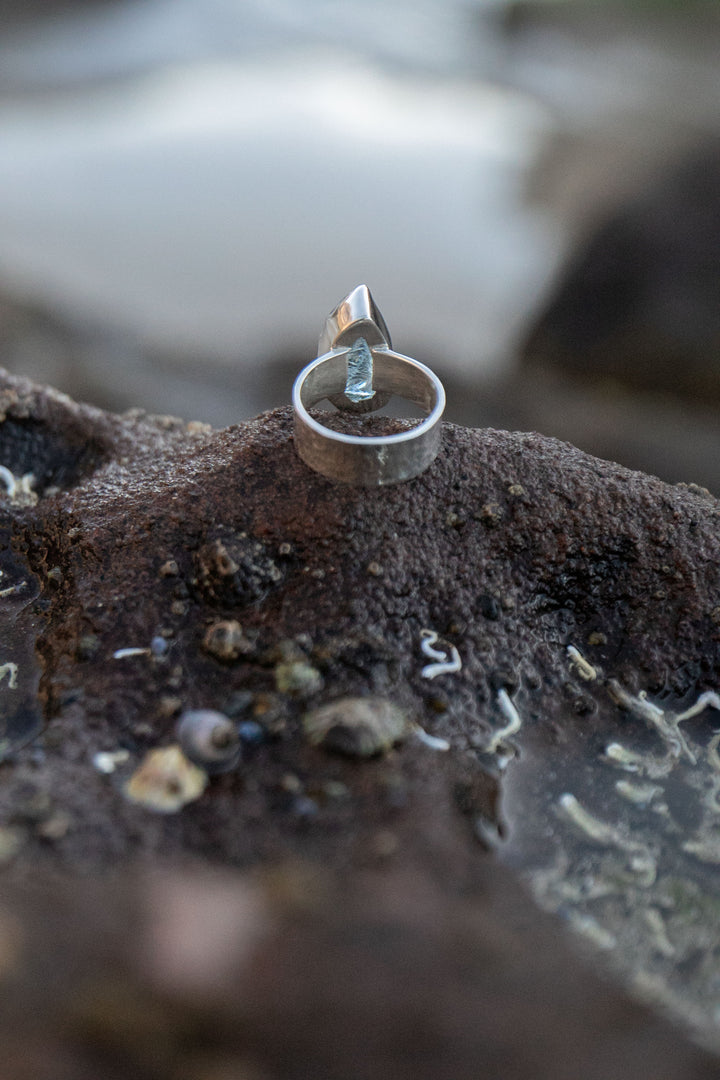 Raw Aquamarine Ring with Beaten Sterling Silver Band - Size 7 US