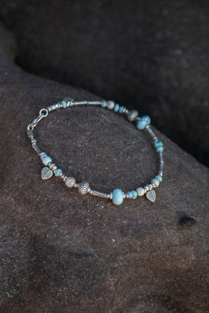 Beaded Larimar & Dendritic Agate Anklet with Thai Hill Tribe Silver and Charms