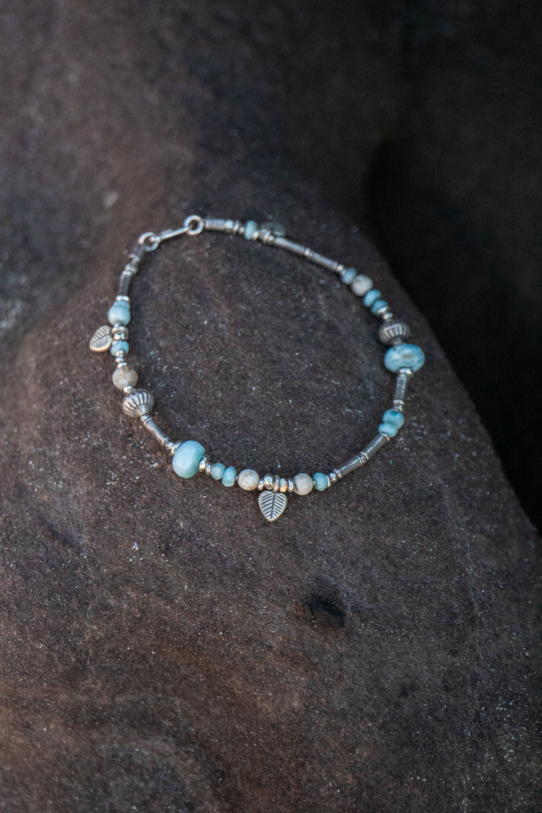 Beaded Larimar & Dendritic Agate Anklet with Thai Hill Tribe Silver and Charms