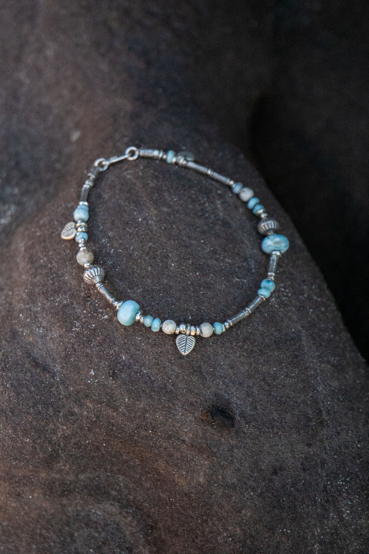 Beaded Larimar & Dendritic Agate Anklet with Thai Hill Tribe Silver and Charms