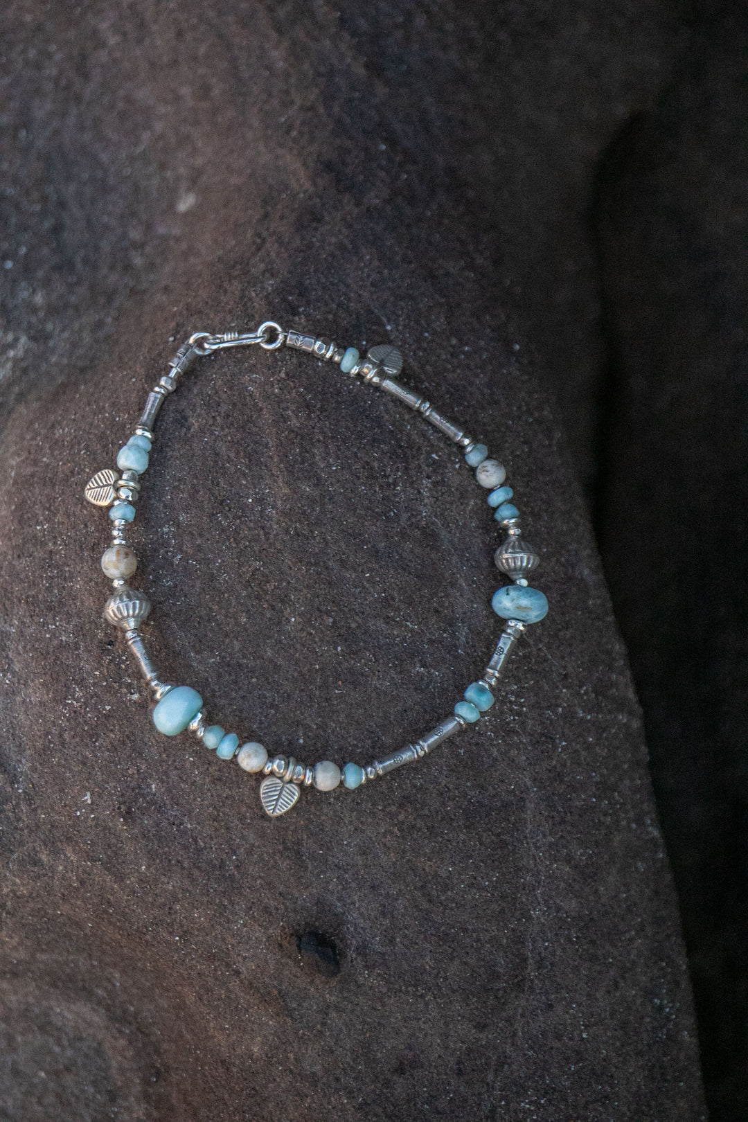 Beaded Larimar & Dendritic Agate Anklet with Thai Hill Tribe Silver and Charms