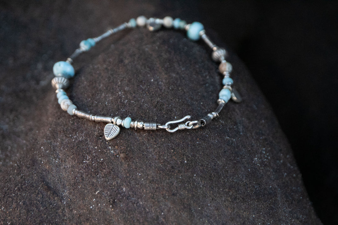 Beaded Larimar & Dendritic Agate Anklet with Thai Hill Tribe Silver and Charms