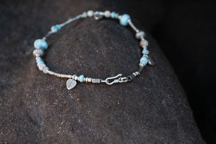 Beaded Larimar & Dendritic Agate Anklet with Thai Hill Tribe Silver and Charms
