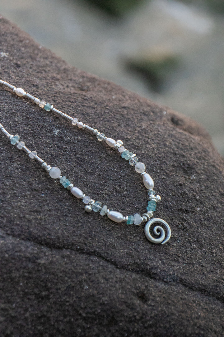 Ocean Inspired Aquamarine, Moonstone & Pearl Necklace with Hill Tribe Silver Beads and Spiral Pendant