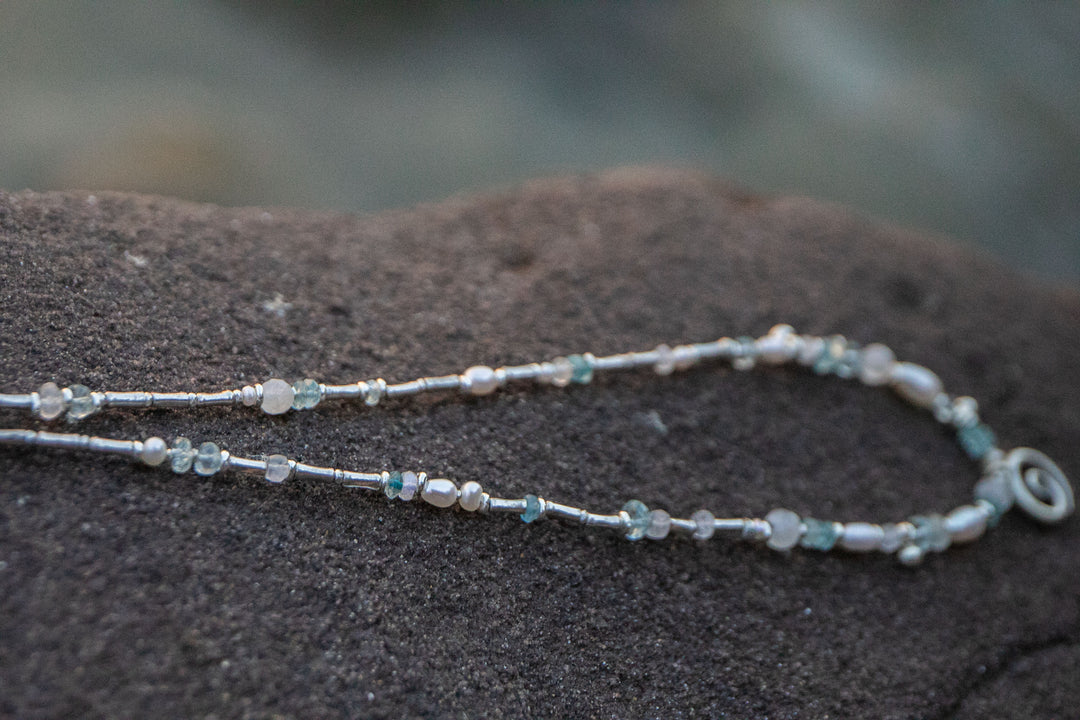 Ocean Inspired Aquamarine, Moonstone & Pearl Necklace with Hill Tribe Silver Beads and Spiral Pendant