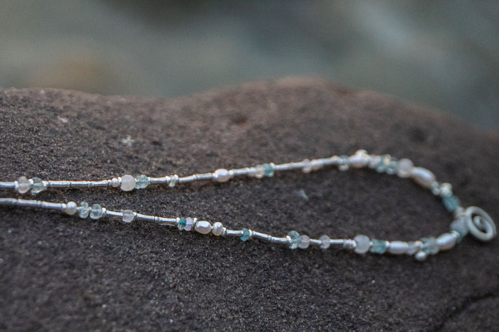 Ocean Inspired Aquamarine, Moonstone & Pearl Necklace with Hill Tribe Silver Beads and Spiral Pendant