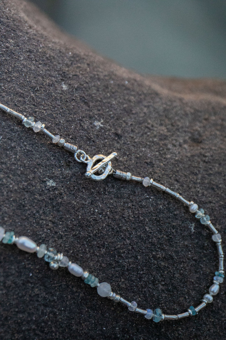 Ocean Inspired Aquamarine, Moonstone & Pearl Necklace with Hill Tribe Silver Beads and Spiral Pendant