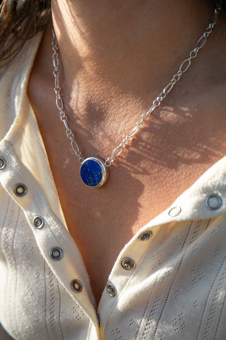 Lapis Lazuli Pendant in Bezel Setting on Sterling Silver Link Chain