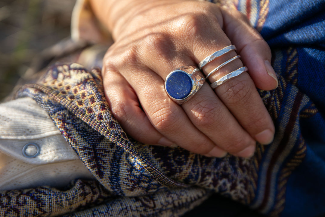 Lapis Lazuli Ring in Beaten Sterling Silver Signet Setting - Size 6.5 US