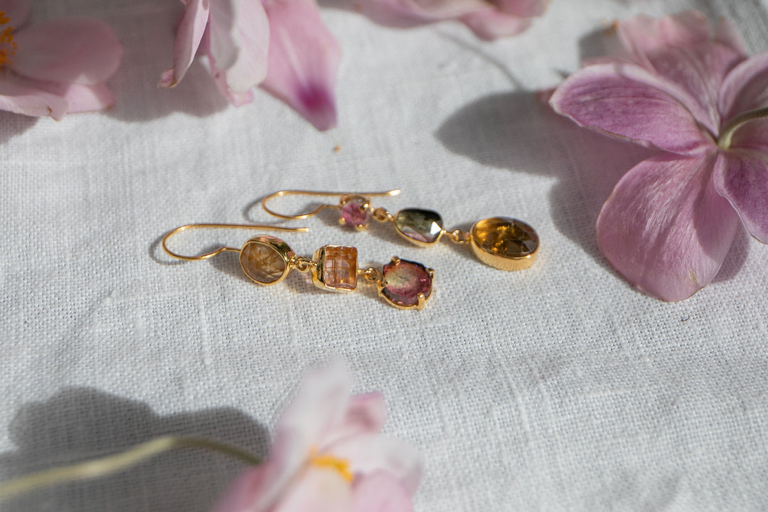 One of a Kind Mixed Tourmaline Earrings in 24k Gold Plated Sterling