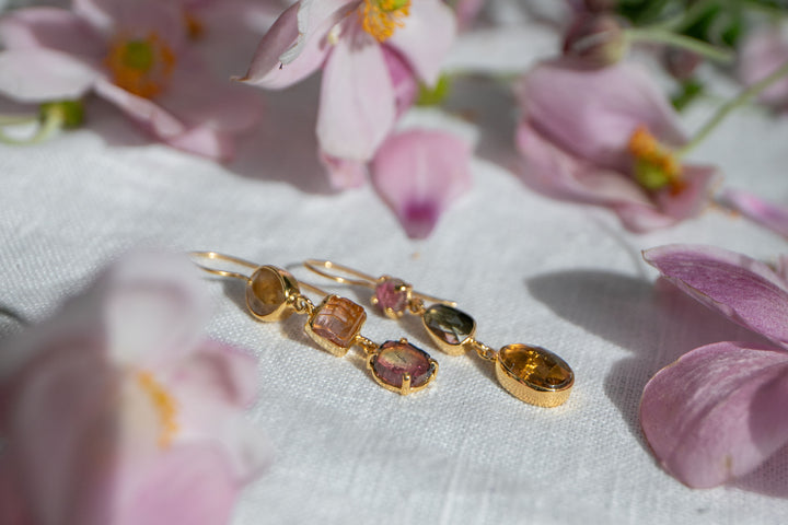 One of a Kind Mixed Tourmaline Earrings in 24k Gold Plated Sterling