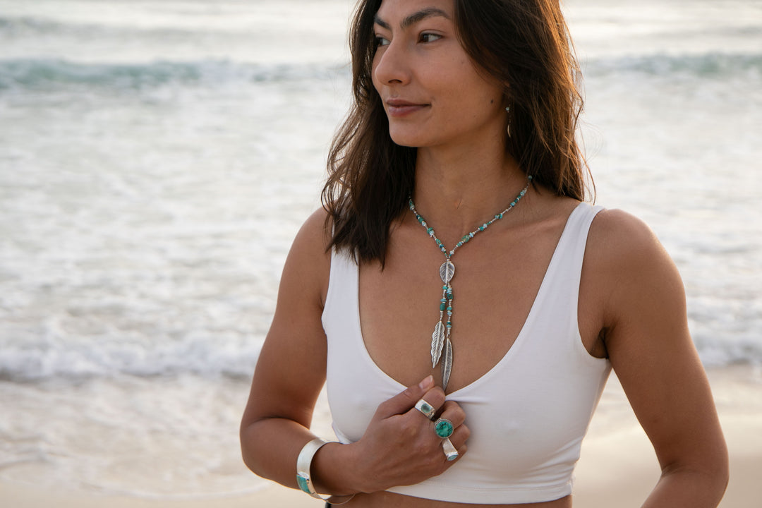 Larimar, Turquoise and Chrysocolla Necklace with Thai Hill Tribe Silver Leaves