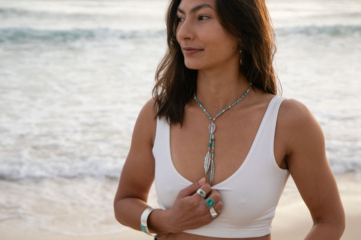 Larimar, Turquoise and Chrysocolla Necklace with Thai Hill Tribe Silver Leaves
