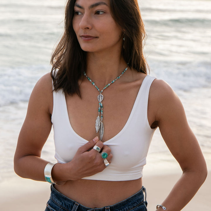 Larimar, Turquoise and Chrysocolla Necklace with Thai Hill Tribe Silver Leaves