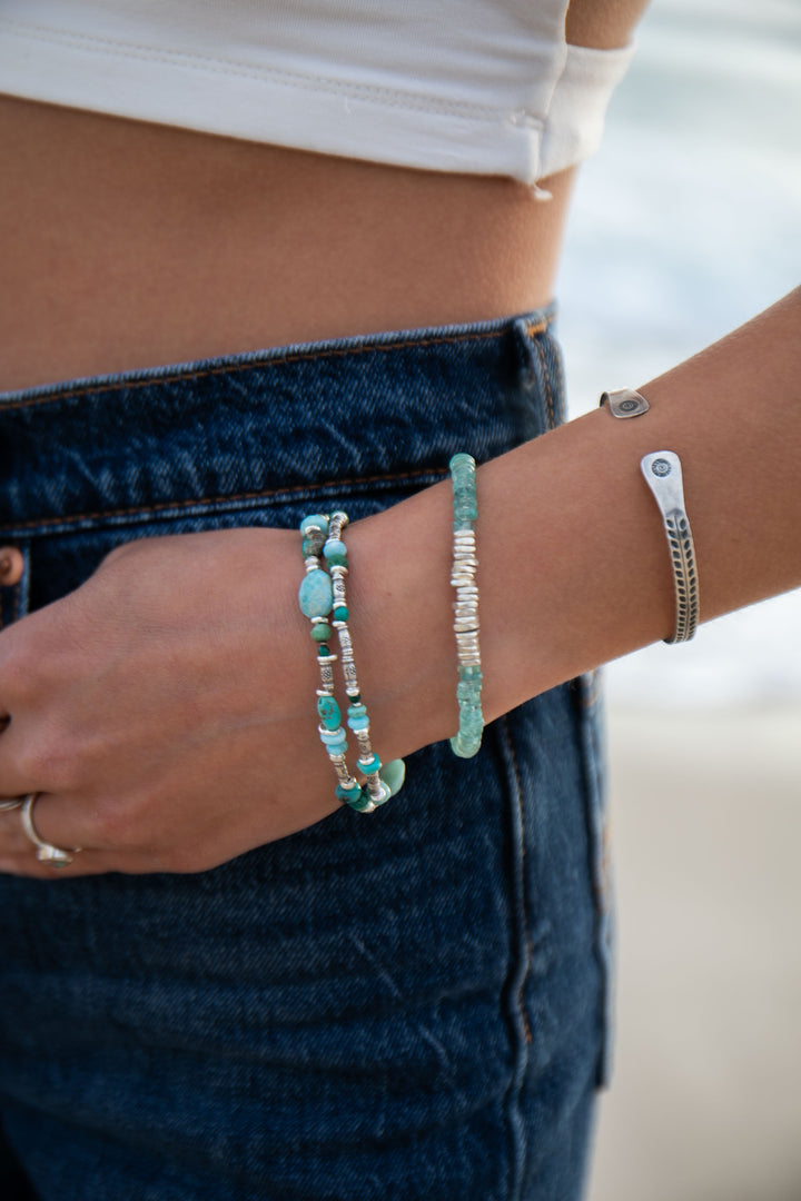 Double Turquoise, Larimar and Chrysocolla Bracelet with Thai Hill Tribe Silver Leaves