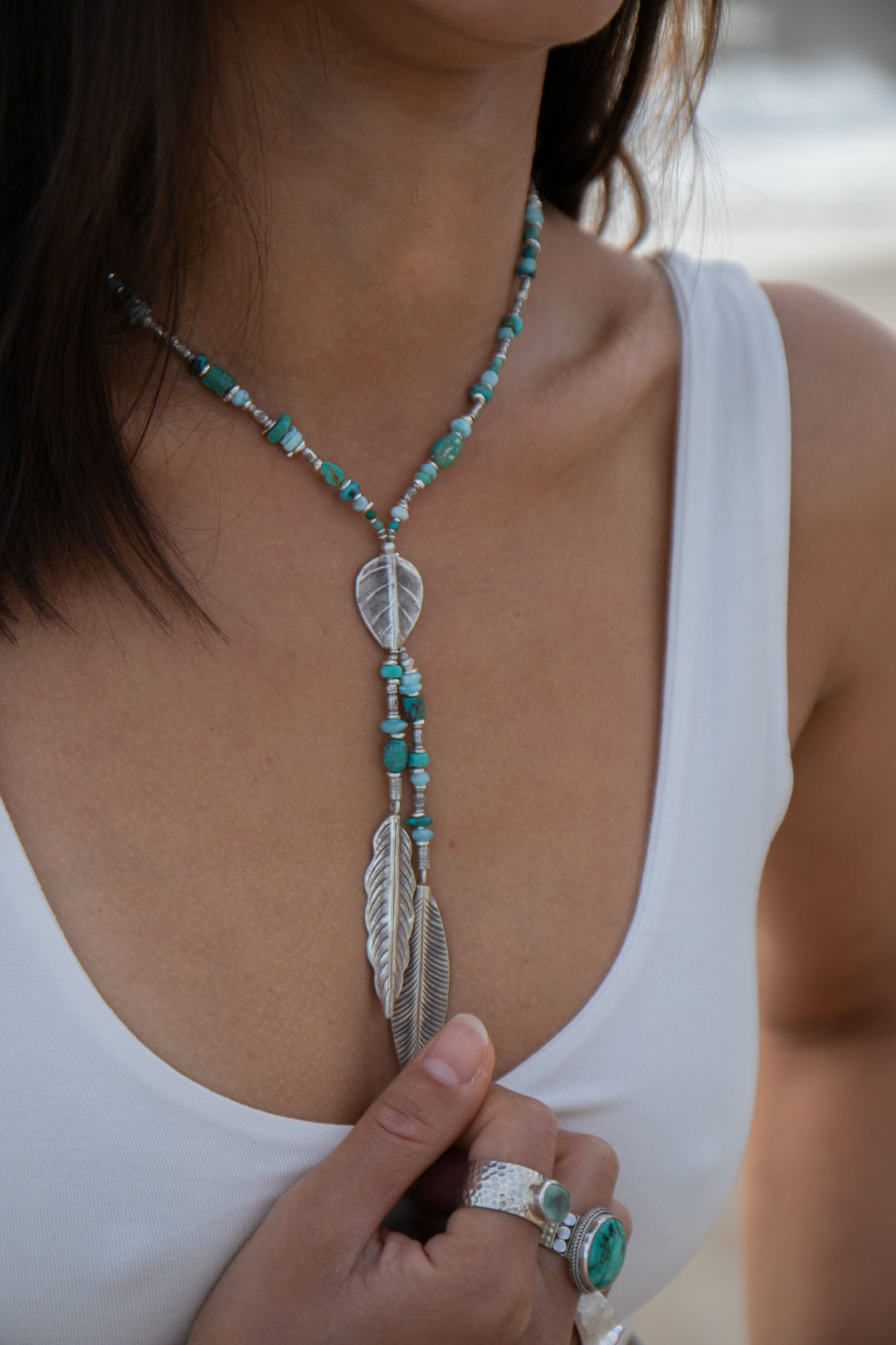 Larimar, Turquoise and Chrysocolla Necklace with Thai Hill Tribe Silver Leaves