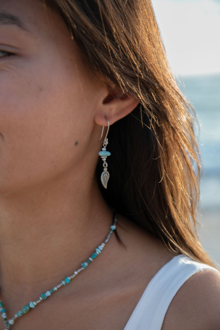 Larimar Earrings with Thai Hill Tribe Beads and Leaf Charm