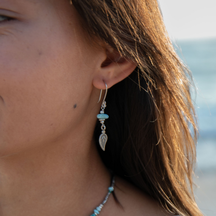 Larimar Earrings with Thai Hill Tribe Beads and Leaf Charm