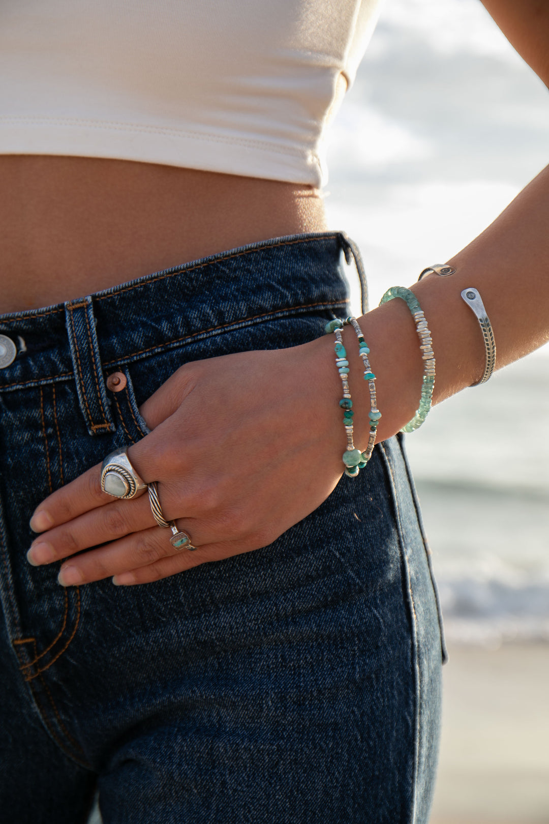Double Turquoise, Larimar and Chrysocolla Bracelet with Thai Hill Tribe Silver Leaves