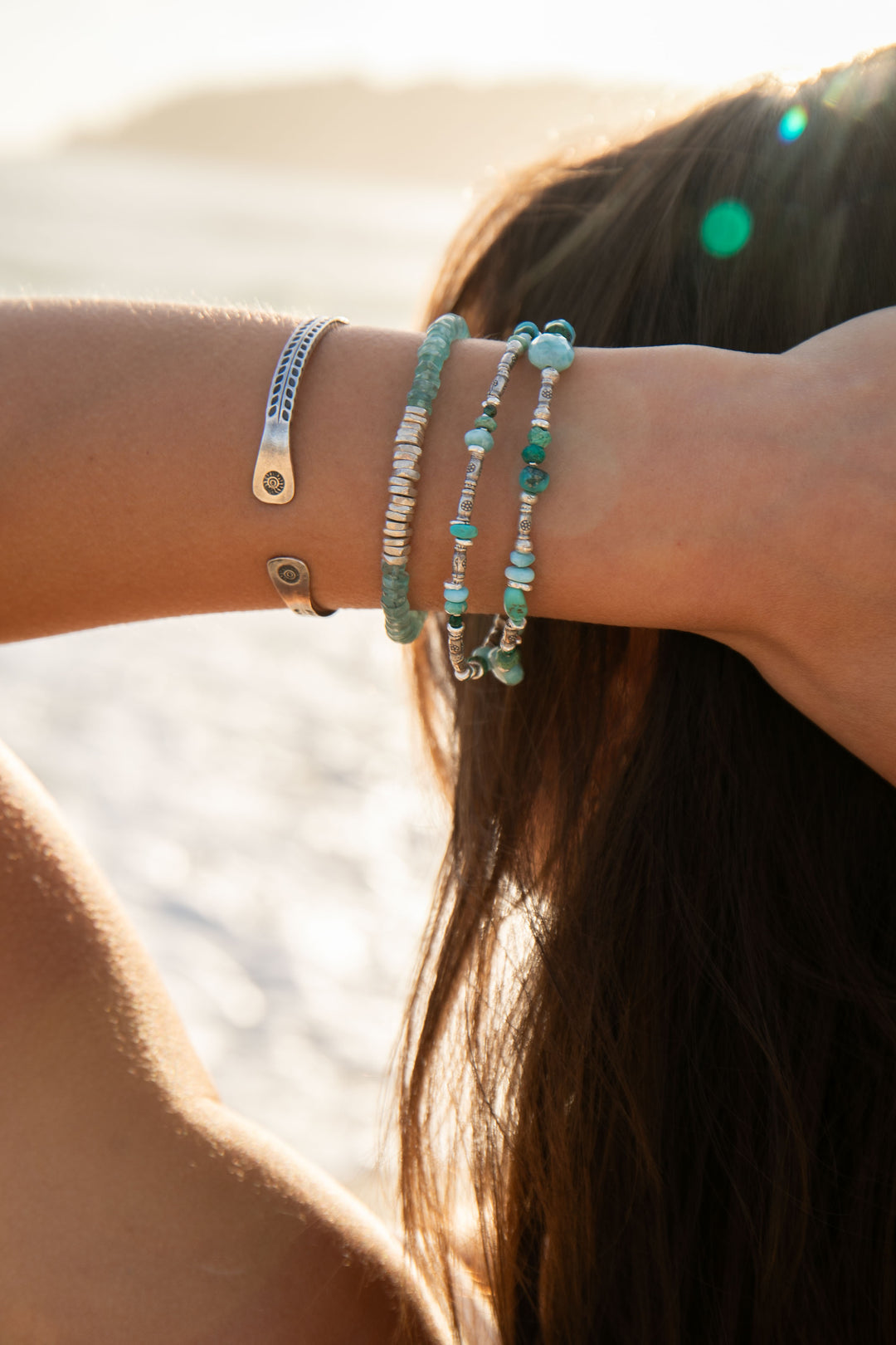 Double Turquoise, Larimar and Chrysocolla Bracelet with Thai Hill Tribe Silver Leaves