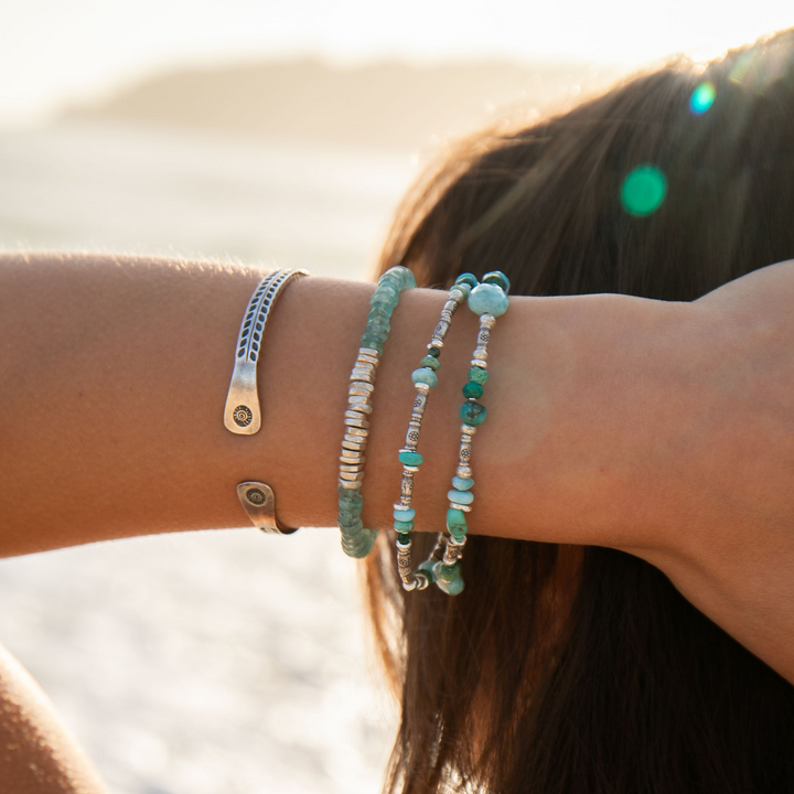 Double Turquoise, Larimar and Chrysocolla Bracelet with Thai Hill Tribe Silver Leaves