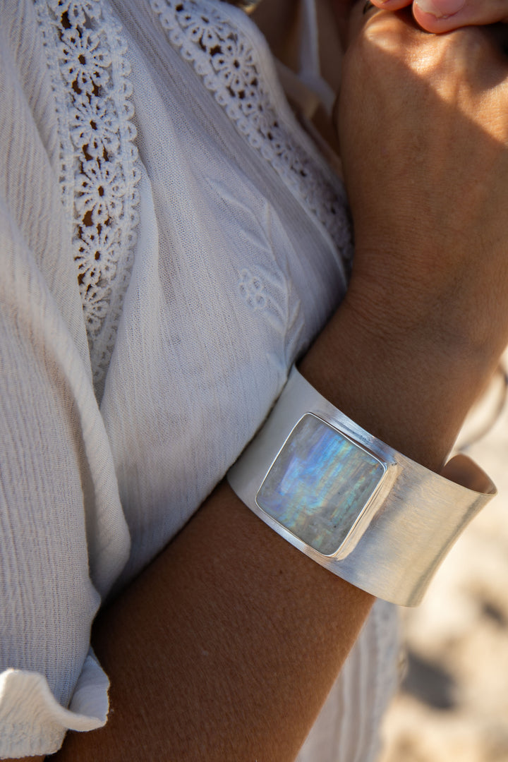 Statement Rainbow Moonstone Cuff Bangle in Brushed Sterling Silver