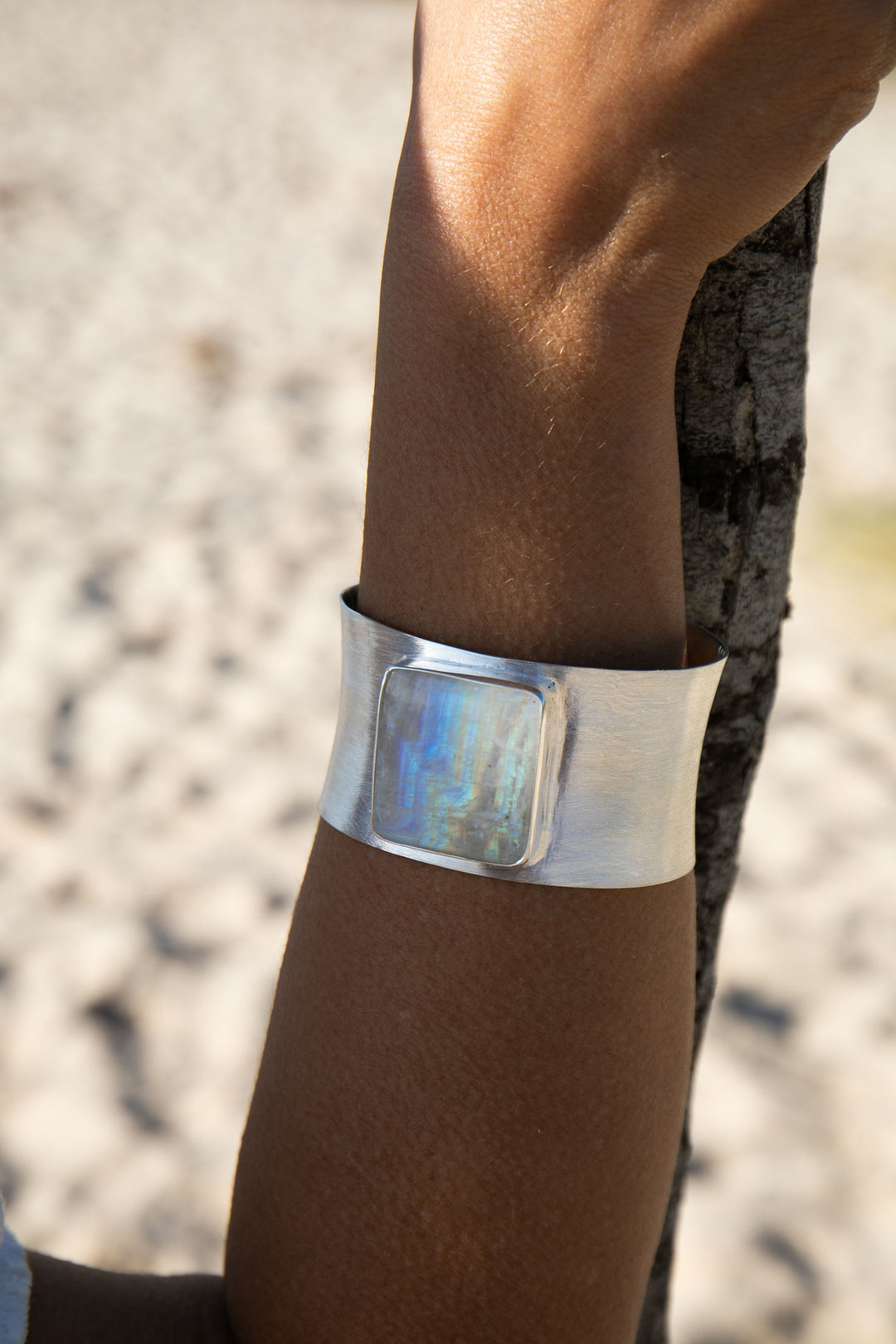 Statement Rainbow Moonstone Cuff Bangle in Brushed Sterling Silver