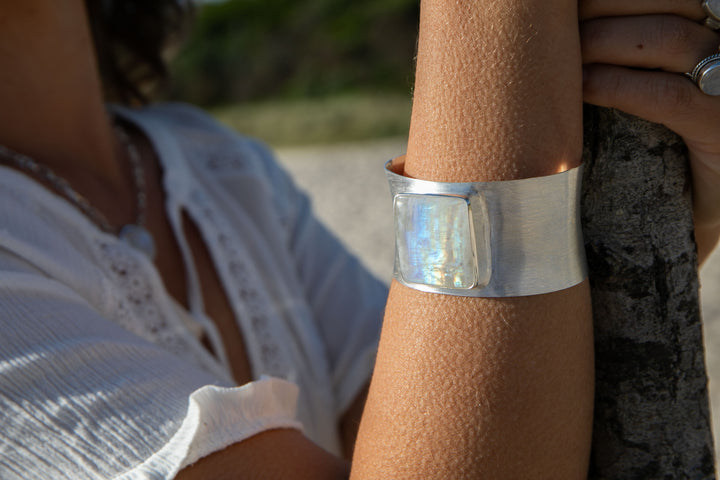 Statement Rainbow Moonstone Cuff Bangle in Brushed Sterling Silver