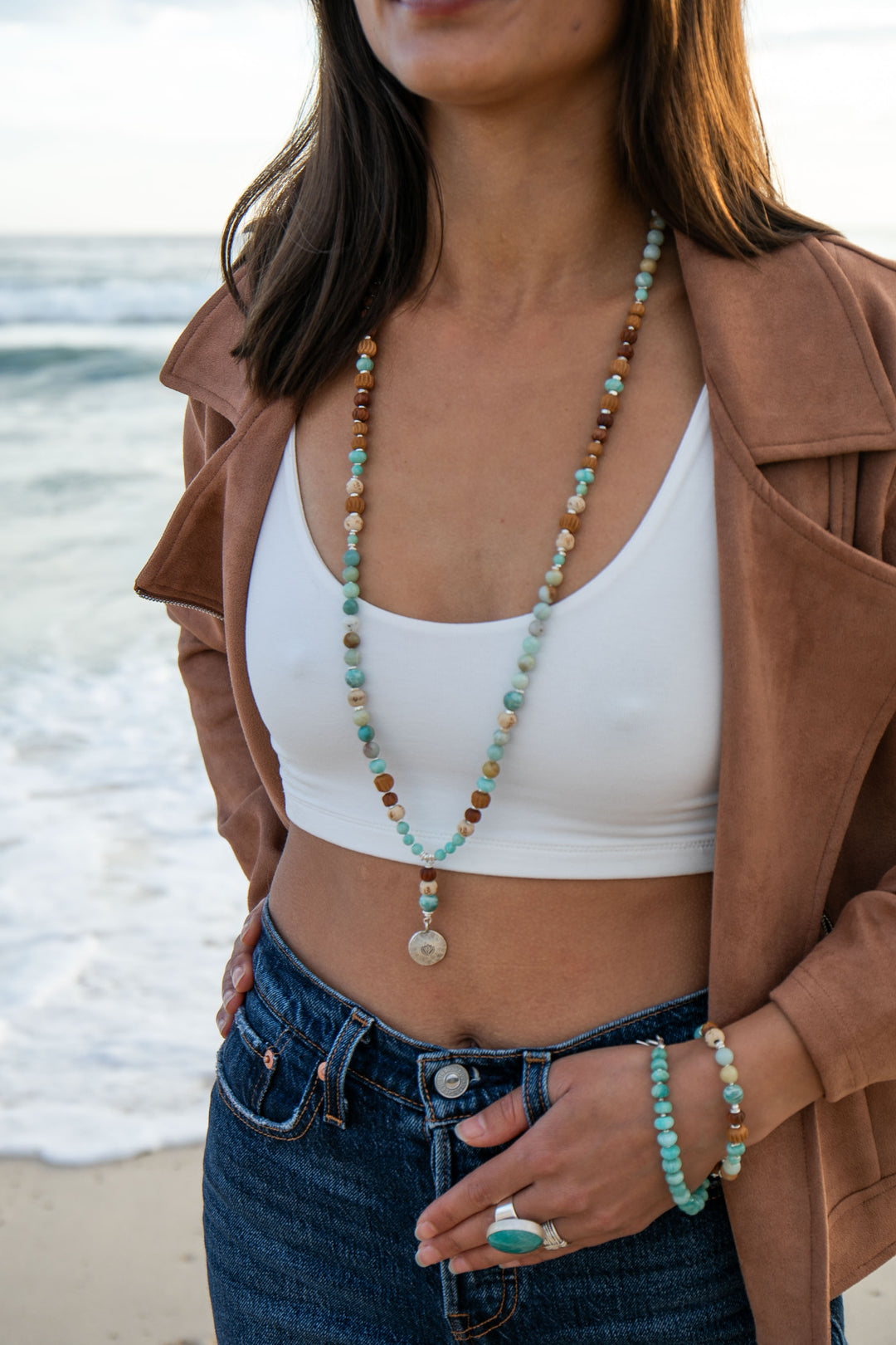 Amazonite + Carved Sandalwood Mala Necklace with Thai Hill Tribe Silver + Lotus Pendant