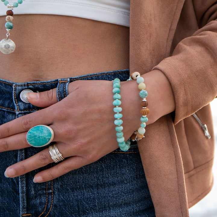 Reserved for Somer **Amazonite + Carved Sandalwood Mala Bracelet with Thai Hill Tribe Silver