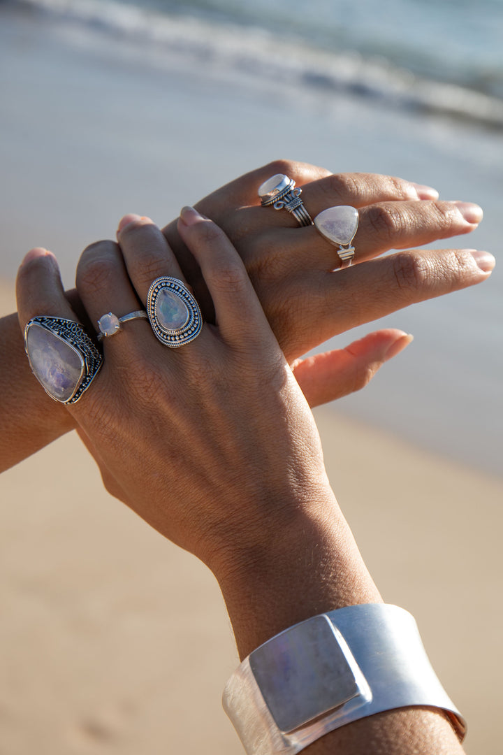 Faceted Rainbow Moonstone Ring in Tribal Sterling Silver Setting - Size 8 US